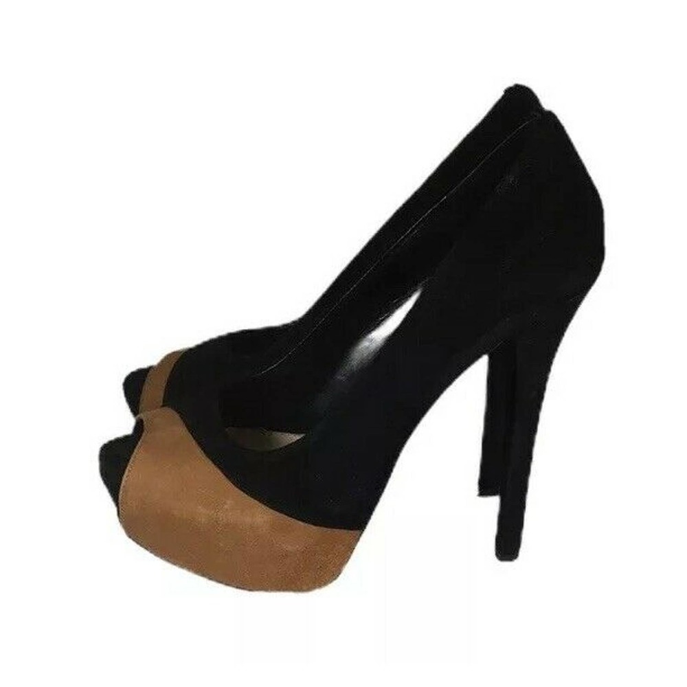 H by Halston Black Camel Brown Leather Peep Toe High Heel Stiletto Pumps Sz 8.5 - Picture 1 of 8